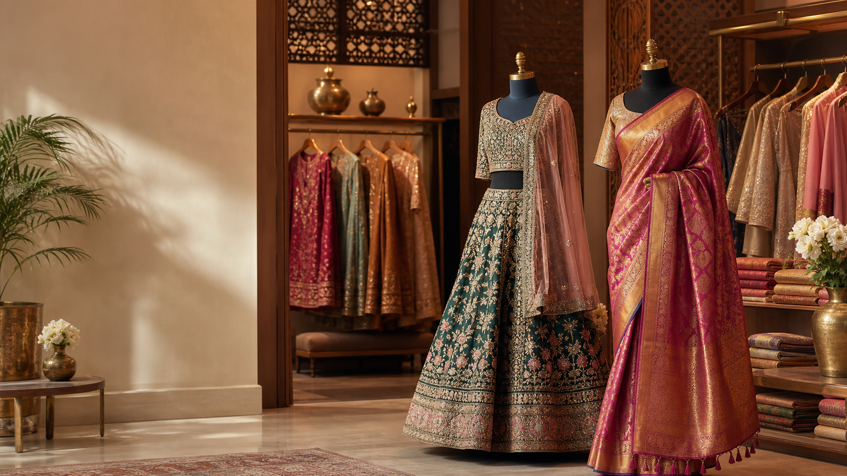 Elegant Indian clothing boutique with sarees, lehengas, and dresses